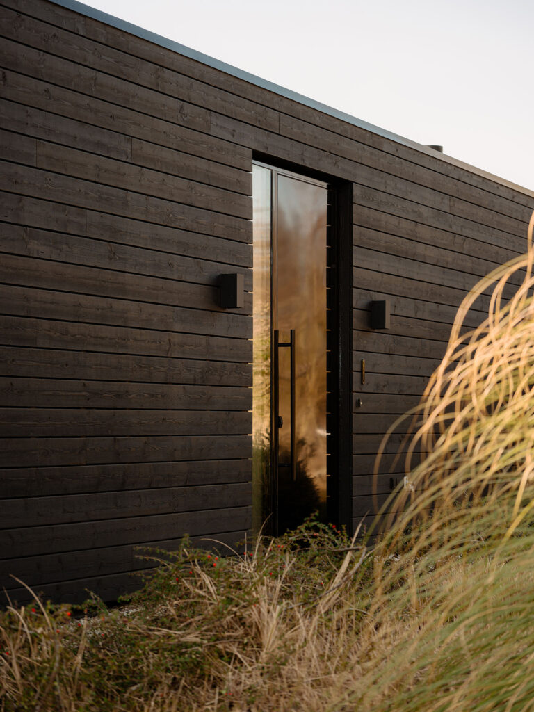 Detailansicht des Eingangsbereichs einer modernen Wasser-Villa mit dunkler Holzfassade, hoher Glastür und Ziergräsern in einer ruhigen, natürlichen Umgebung